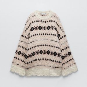 ZARA Jacquard Oversized Knit Sweater Tunic with Buttoned Side Slit XS S NEW